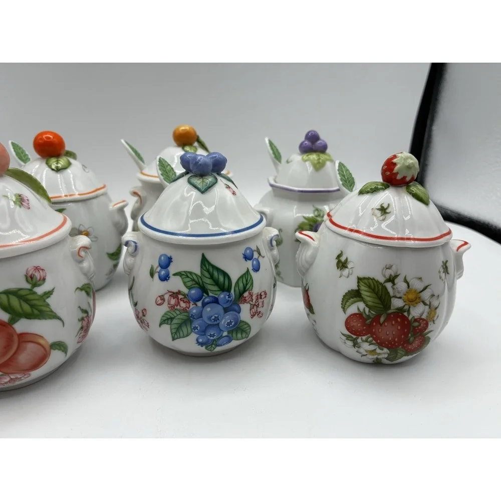 Vintage 1991 Lenox Orchard Porcelain Jam/Jelly Jars - Set of 8 with 8 spoons